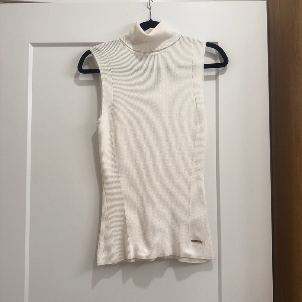 Anne Klein Womens Ivory Ribbed Sleeveless Turtleneck Sweater Size M White Knit
